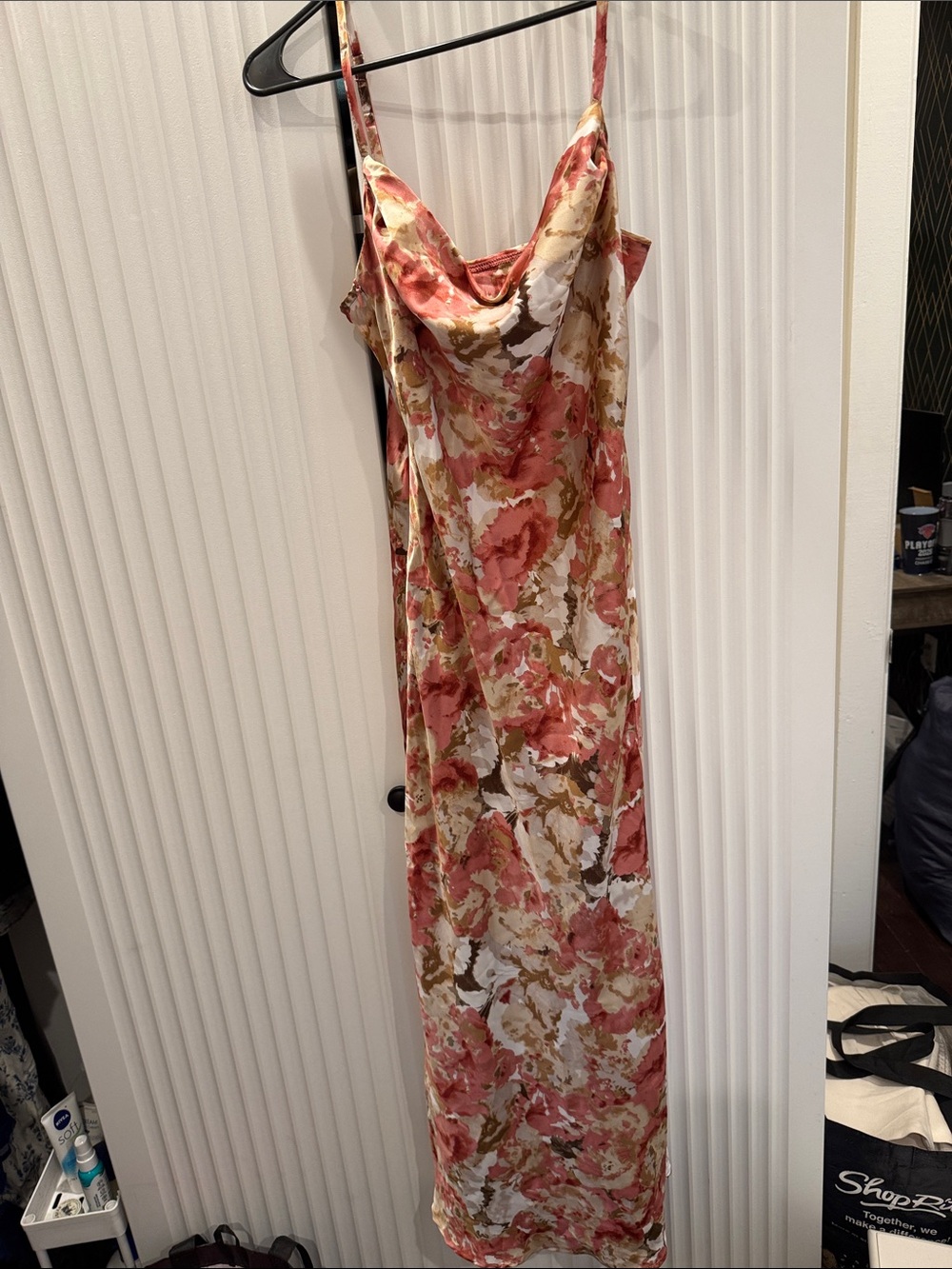 Floral Cowl Neck Maxi Slip Dress in Rose Pink and Cream